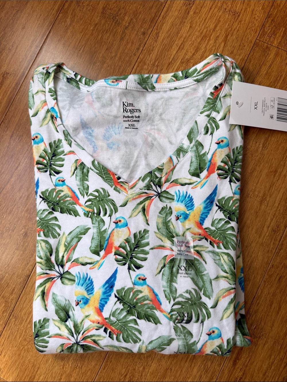 Kim Rogers White Tropical Parrot V-Neck Tee with Blue and Green Print